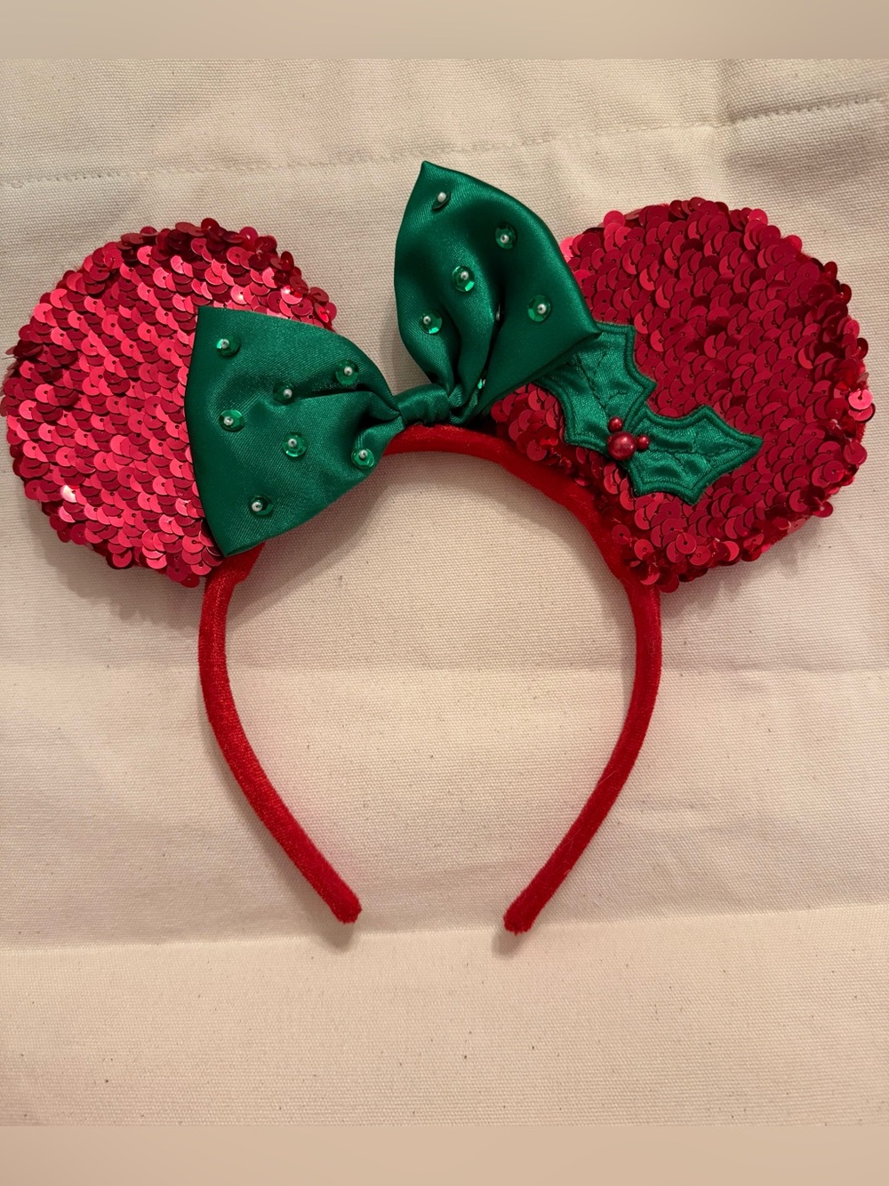 Walt Disney World Parks Holiday Sequin Mouse Ears Headband Green Bow Holly Red